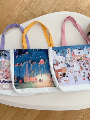 Women Canvas Tote Bag Large Capacity Hand-drawn Cartoon Illustration Artistic Shoulder Bag Daily Casual Shopping Handbag