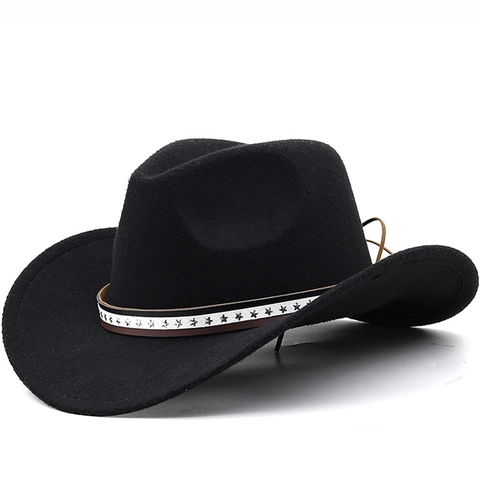 Western Cowboy Hat Polyester Felt Wide Brim Star Beaded Band Retro Jazz Fedora For Men Women Kids Adjustable