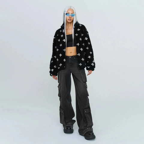 Giacca In Pile Da Donna Cappotto In Lana D'agnello Sintetica Spessa Colletto Rialzato Cerniera Streetwear Stampa A Croce