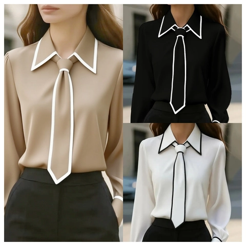 Women's Elegant Contrast Piping Long Sleeve Blouse With Tie V-Neck Polyester Office Lady Workwear Shirt Commute Tops
