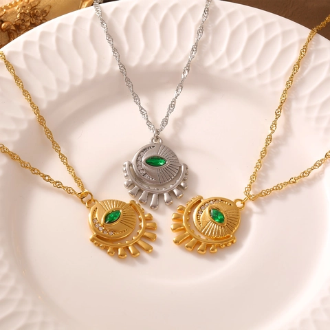 Retro Boheemse Boze Oog Zon Maan Hanger Ketting Titaniumstaal Goud Zilver Verguld Zirconia Ingelegde Dames Sieraden Cadeau