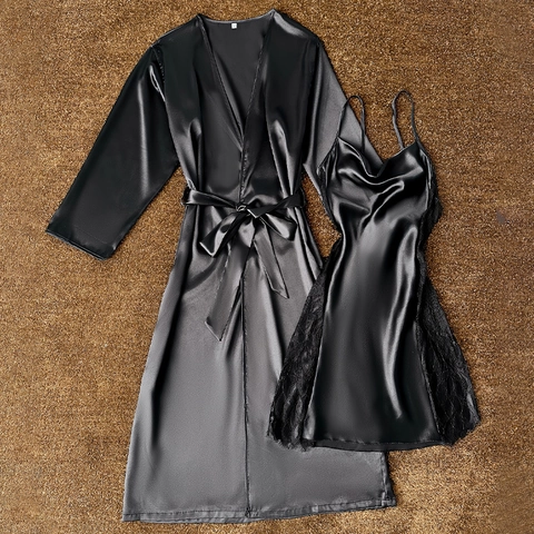 Bata De Satén Sexy Y Vestido De Camisola Con Ribete De Encaje Ropa De Dormir Para Mujer Satén De Imitación Cuello En V