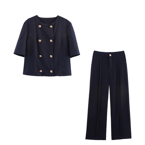 Damen Kurzarm Oberteil Und Gerade Hose Polyester Zweireiher Goldene Knöpfe Büro Dame Elegant Pendeln
