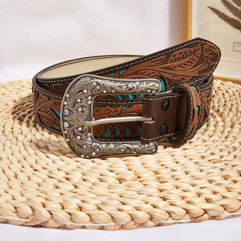 Western Cowboy PU Leather Belt For Women Men Vintage Embossed Floral Waist Belt With Rhinestone Engraved Alloy Buckle