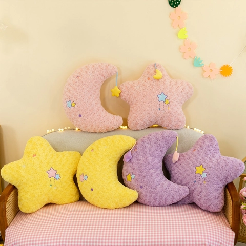 Star Moon Plush Pillow Rose Texture Soft Decorative Cushion For Sofa Bed Embroidery Starry Plush Toy For Girls Room Decor
