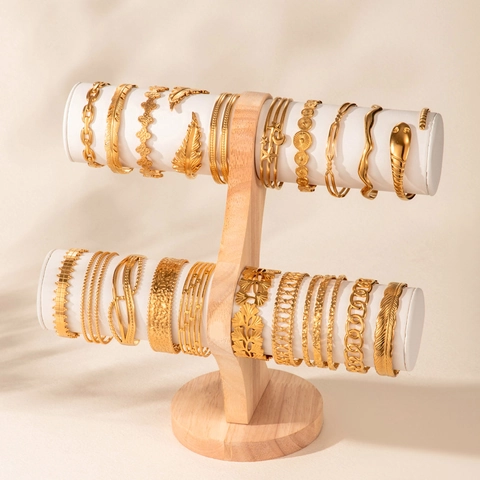 Bracciale Rigido Aperto in Acciaio Inossidabile Minimalista per Donna Placcato Oro Serpente Foglia di Ginkgo Piuma Regolabile