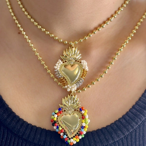 Vintage Heilig Hart Anhänger Halskette Mit Kupfer Kugelkette Und Bunten Perlen Handgefertigt Bohemian Schmuck Für Damen