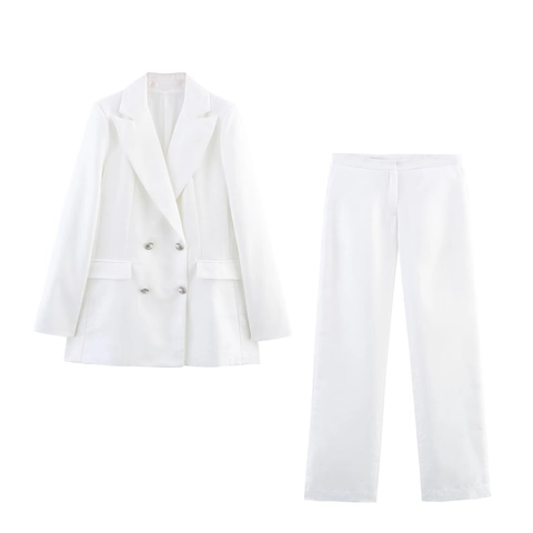 Dames Elegant Effen Wit Double Breasted Blazer En Rechte Broek Pak Professionele Zakelijke Kantoor Outfit