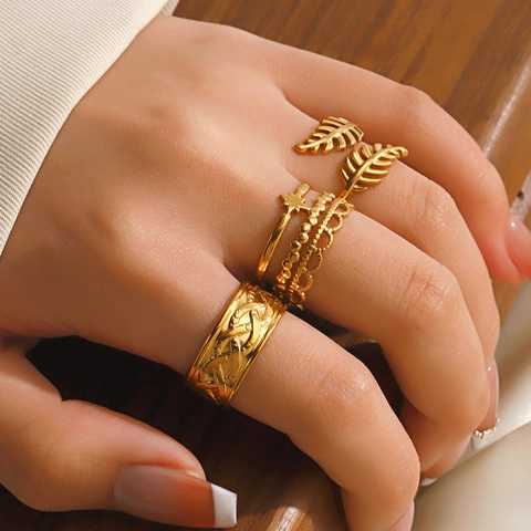 Anillo Abierto Ajustable De Acero Inoxidable Para Mujer Joyería Retro Francés Geométrico Estrella Hueca Patrón De Hoja