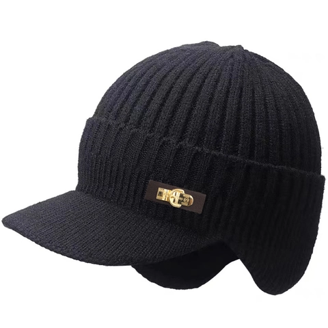 Gorro De Punto De Invierno Para Hombre Protección De Orejas Gorro Con Visera Cálido Exterior Acrílico Acanalado Y Calentador De Cuello