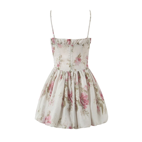 Floral Print Mini Dress Polyester Satin Spaghetti Strap Bow Smocked Waist Vintage Sweet Sleeveless V Neck Women