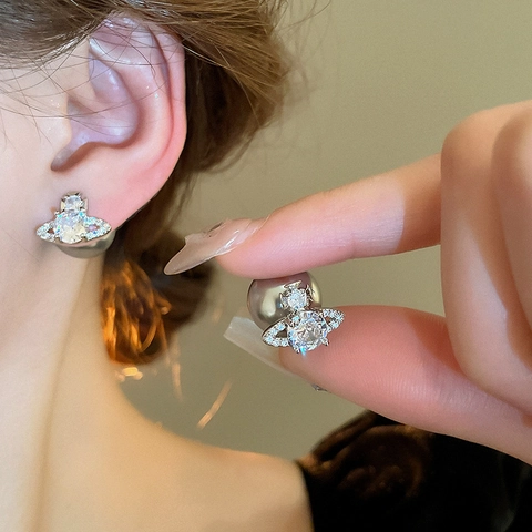 Saturn Künstliche Perlen Ohrstecker Mit Zirkonia Und Silver Earring Post Eleganter Planeten Orb Schmuck Für Damen