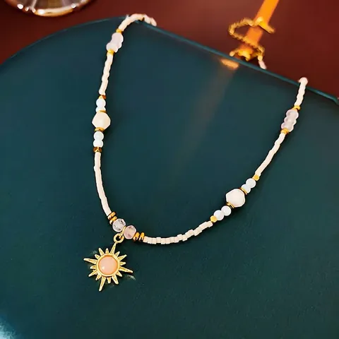 Collar De Cuentas Con Colgante De Sol Cobre Chapado En Oro De 18K Piedra Natural Gema Rosa Girasol Para Mujeres