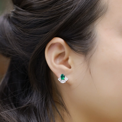 925 Sterling Silver Lab-Created Emerald Fan Shaped Stud Earrings Pave Zirconia Elegant Skirt Jewelry For Women