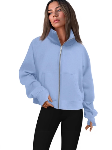 Women Full Zip Hoodie Polyester Sweatshirt With Thumbholes Loose Fit Stand Collar Athletic Lounge Jacket Pockets