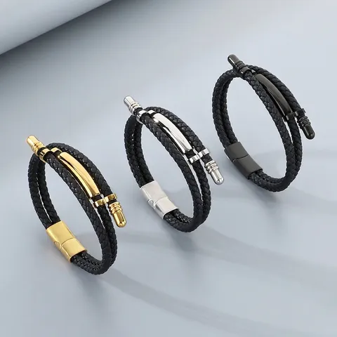 Woven Leather Bracelet For Men Stainless Steel Magnetic Clasp Multi-Layer Punk Bangle Cowhide Jewelry Masculine Accessory