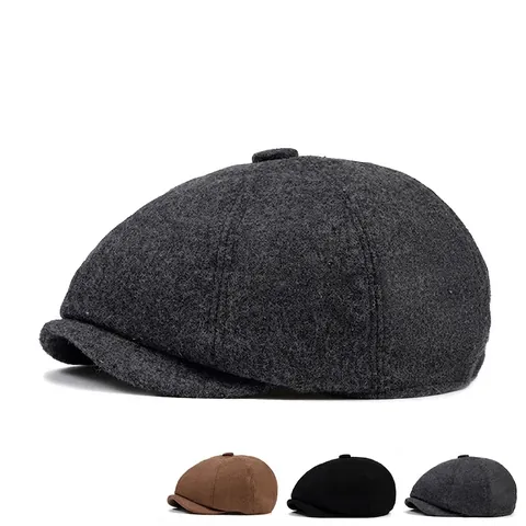 Vintage Newsboy Cap Wool Blend Warm Octagonal Hat For Men Adjustable British Retro Style Flat Ivy Beret Accessory