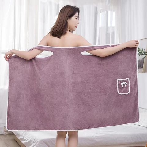 Women Wearable Bath Towel Coral Fleece Thickened Absorbent Bathing Spa Dress With Sweet Bow Pocket Home Shower Robe