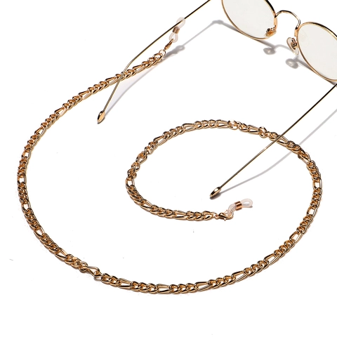 Fashion Gold Plated Metal Figaro Chain Glasses Strap Anti-Slip Eyewear Holder Neck Cord Adjustable Silicone Ends