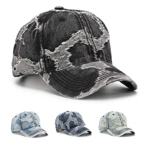 Distressed Denim Baseball Cap Retro Streetwear Ripped Cotton Hat With Adjustable Metal Buckle For Men Women Outdoor