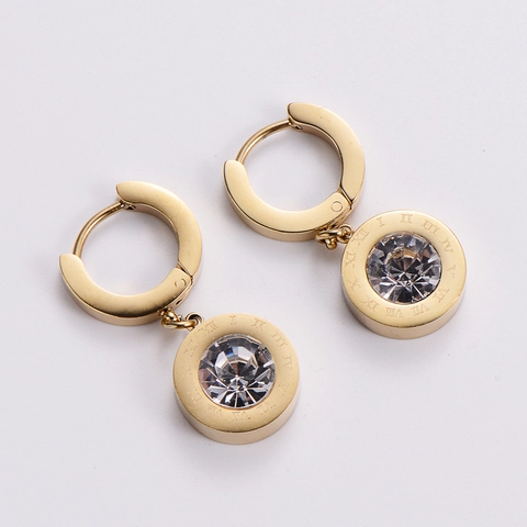 Stainless Steel Hoop Earrings With Roman Numeral Round Pendant Clear Zircon Inlaid Gold Plated Fashion For Women