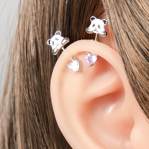 Panda Oorkraakbeen Stud Hart Zirkonia Titanium Staal Schroefdraad Sluiting Piercing Sieraden Voor Vrouwen Schattig
