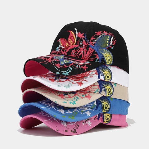 Cappello Da Baseball Ricamo Farfalla Floreale Cotone Paillettes Cappello Sole Visiera Curva Regolabile Moda Esterno Donne