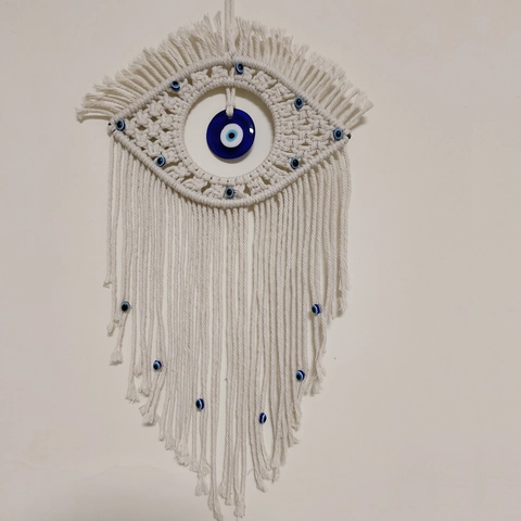 Arazzo Macramè Evil Eye Da Parete Intrecciato A Mano In Corda Di Cotone Con Perline Di Vetro E Nappine