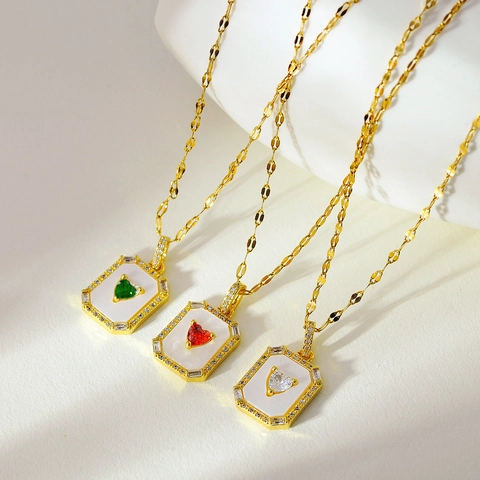 Heart Shape Gemstone Rectangular Pendant Necklace Copper With Mother Of Artificial Pearl Base Zircon Halo Clavicle Chain For Women