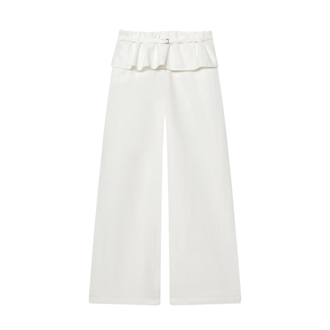 Damen Hose Mit Hoher Taille Und Weitem Bein Rüschenbesatz Passender Gürtel Weiß Lässig Nylon Crinkle Lange Hose