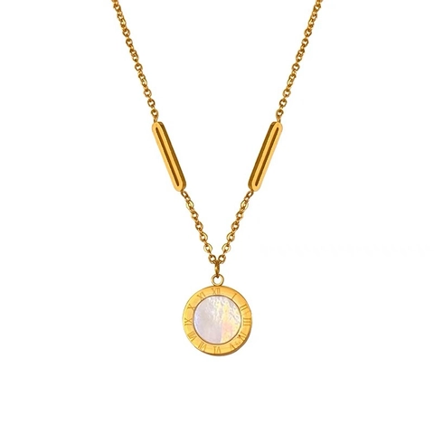 Collar De Acero Inoxidable Con Colgante Redondo Bañado En Oro De 18K Números Romanos Concha Doble Cara Joyería Minimalista Mujer