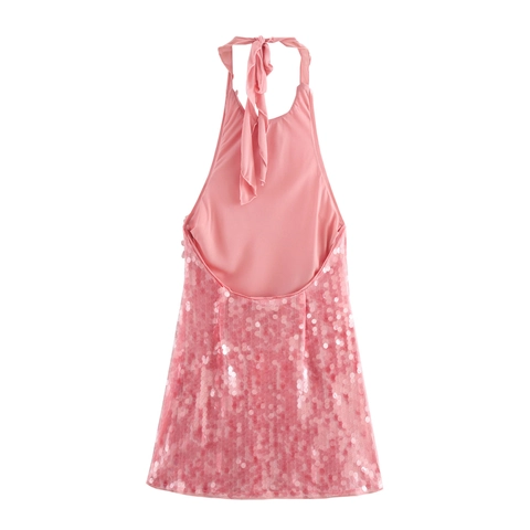 Sequin Halter Dress Pink Backless Sleeveless Mesh Evening Party Mini Sexy Elegant For Women