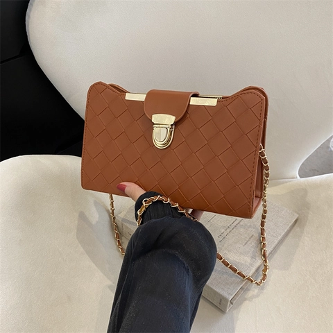 Woven PU Leather Shoulder Bag Women Small Square Crossbody Bag Gold Lock Chain Strap Elegant Underarm Handbag For Daily Party