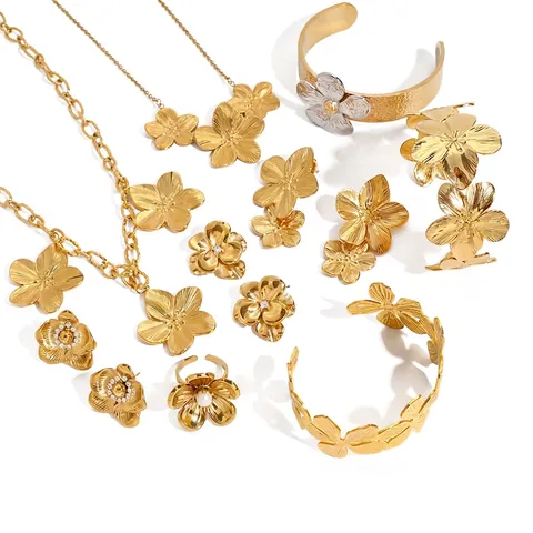Floral Necklace Earrings Bracelet Ring Stainless Steel 18K Gold Plated Artificial Pearl Zircon Elegant Jewelry For Women
