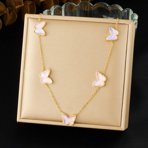 Stainless Steel Butterfly Necklace And Earrings Pink Purple Acrylic Pendant Sweet Fashion Style For Women