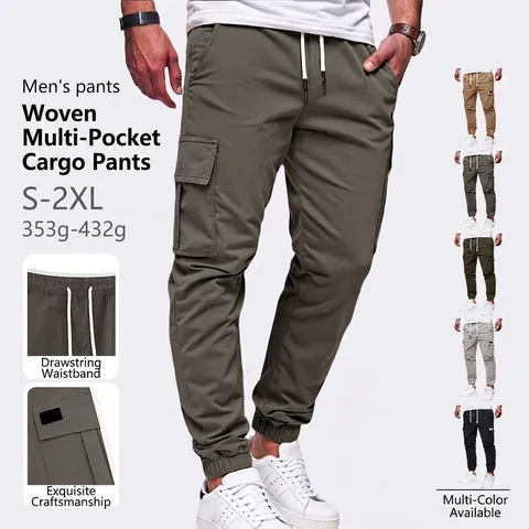 Pantaloni Cargo Uomo Joggers Taglio Conico Molte Tasche Poliestere Vita Elastica Coulisse Casual Vestibilità Aderente Streetwear