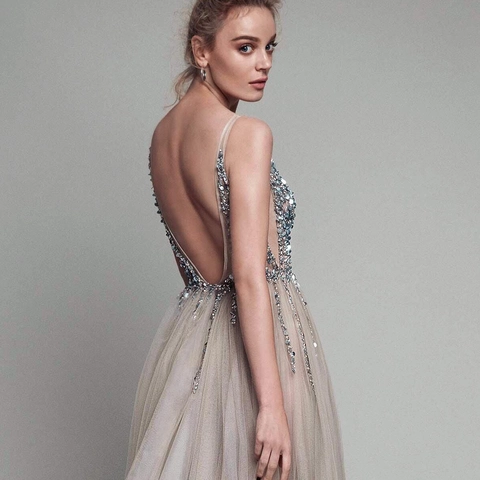 Pailletten Abendkleid Perlenstickerei V-Ausschnitt Ärmellos Netz Tüll Langes Formelles Kleid Mit Hohem Schlitz