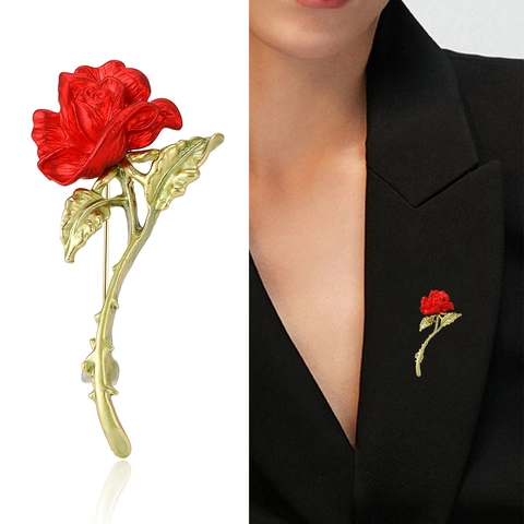 Spilla Fiore Di Rosa Elegante Smalto Rosso Lega Vintage Floreale Corsage Spille Per Abito Vestito Matrimonio Gioielli Donne