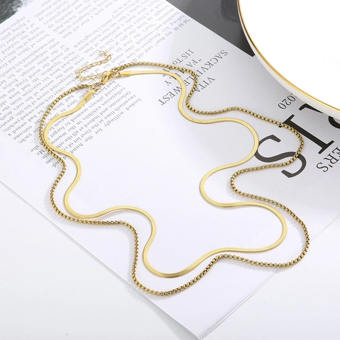 Collana A Doppio Strato Con Catena A Serpente E Box Acciaio Inossidabile Placcato Oro Gioielli Eleganti Geometrici Donna