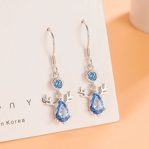 Pendientes Colgantes de Cuerno de Reno de Plata de Ley S999 para Mujer Lujo Ligero Circonia Azul Joyería de Regalo de Navidad