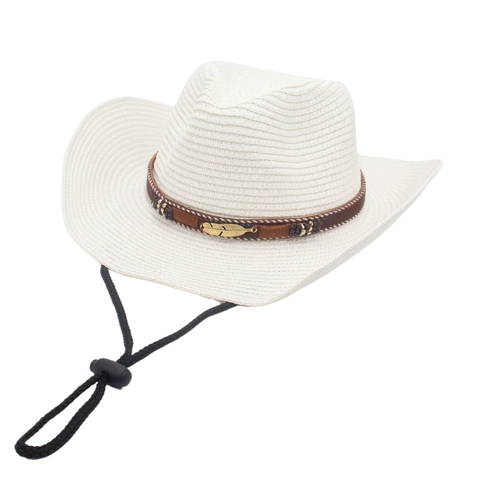 Western Straw Cowboy Hat Woven Sun Protection Wide Wired Brim Feather Trim Windproof Rope Vintage Outdoor Beach Ethnic