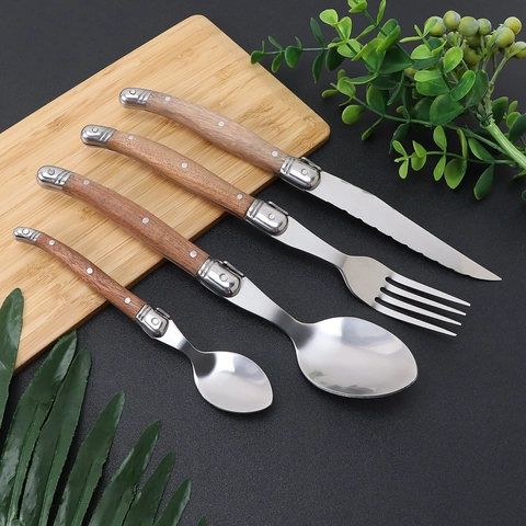 Coltello Da Bistecca Forchetta Cucchiaio Stoviglie Manico In Palissandro Acciaio Inossidabile Lucidato A Specchio Stile Vintage