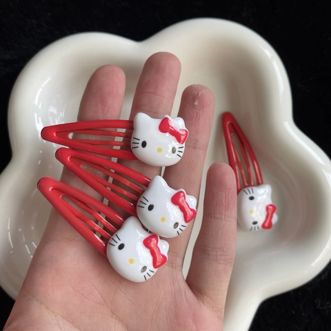 Cartoon Cat Resin Alloy Snap Hair Clips Red White Bow Kids Girls Accessory
