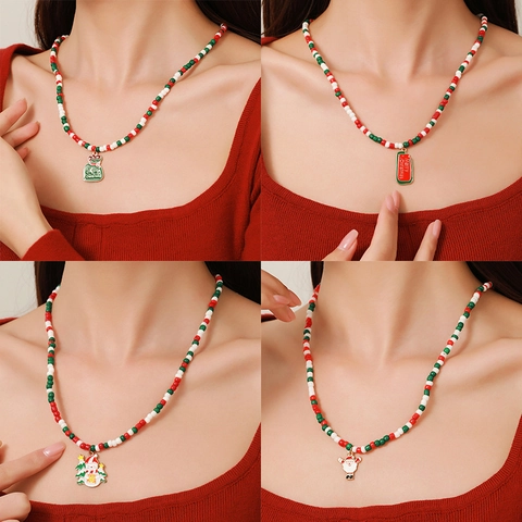 Collana Di Natale Doppio Strato Perline Rosso Bianco Verde Ciondolo Lega Gioielli Festivi Accessorio