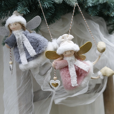 Weihnachtsengel Hängepuppe Ornament Plüsch Strickstoff Glitzerflügel Holz Herz Anhänger Süße Cartoon Feiertagsdekoration