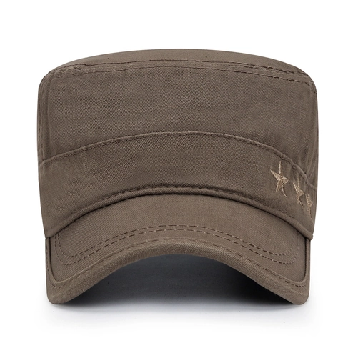 Men Flat Top Military Cadet Cap Cotton Twill Adjustable Sun Protection Vintage Star Embroidery Army Hat