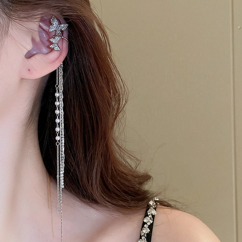 Butterfly Tassel Ear Cuff With Zircon Artificial Pearl Alloy Jewelry For Women With 925 Sterling Silver Earring Post