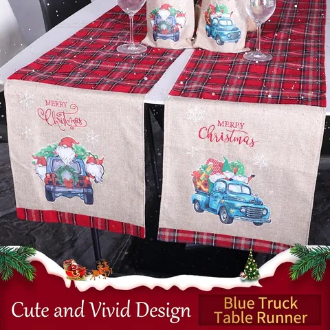 Camino De Table Navidad Lino Camión Azul Gnomo Cuadros Rojo Negro Decoración Mesa Cocina Comedor