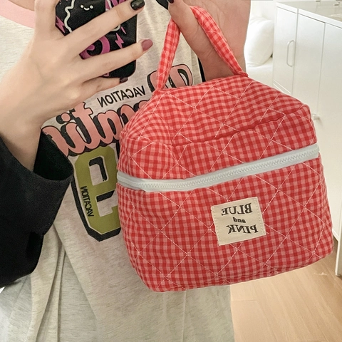 Borsa Trucco In Cotone Trapuntato Gingham Beauty Case Portatile A Quadretti Con Manico Per Donne Studentesse