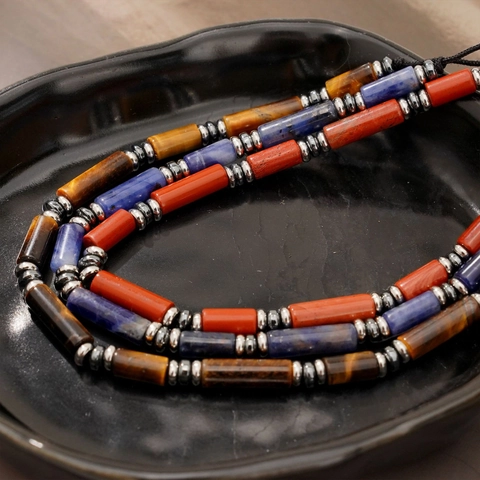 Natural Stone Beaded Bracelet Tiger Eye Red Jasper Sodalite Stainless Steel Adjustable Woven Rope Tube Bead Jewelry Men